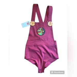 Sugarpuss Overall-style swimsuit bodysuit festival burgundy rave bootyshorts NWT